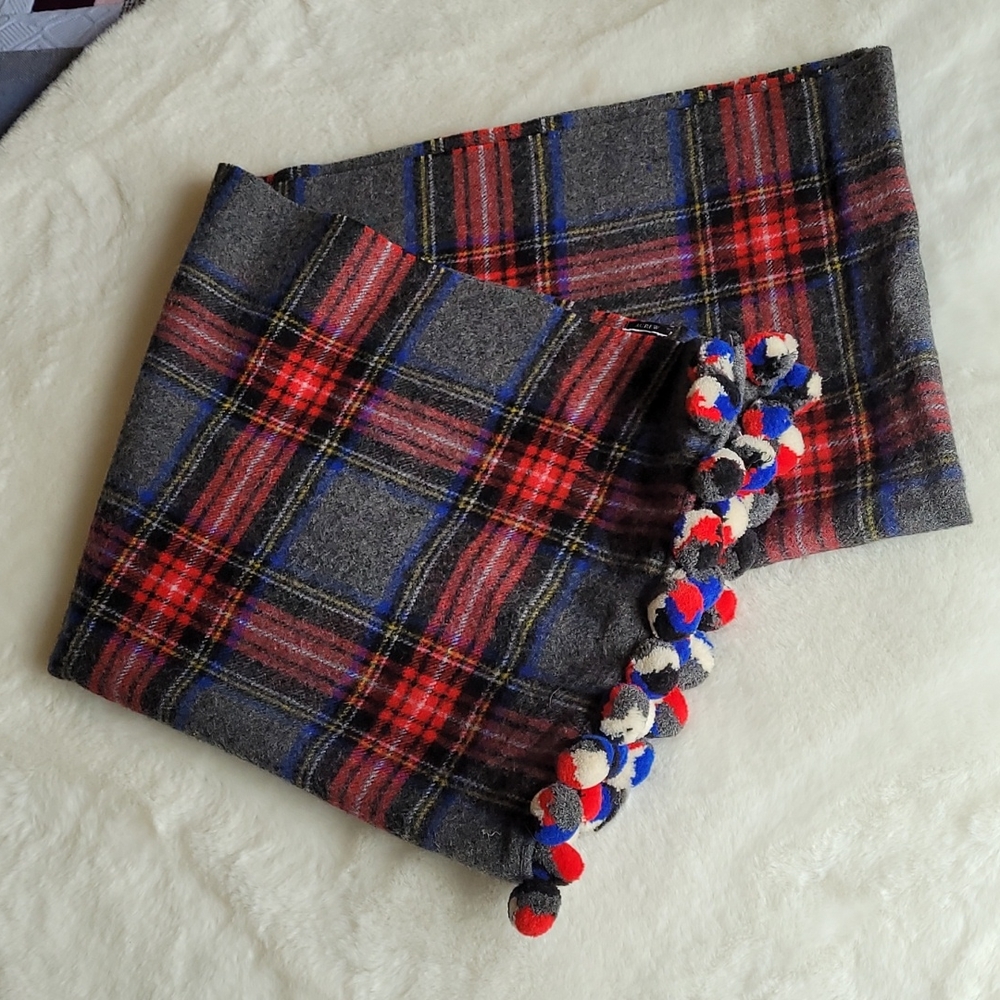 J Crew Tartan Plaid Red White & Blue Pom Pom 72x27 Scarf